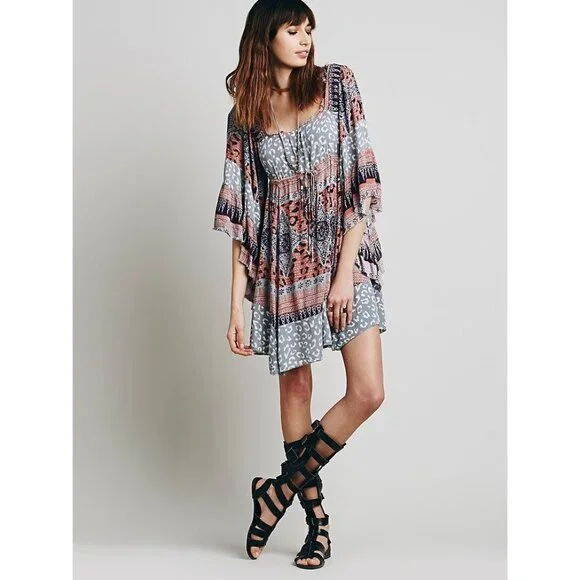 Free People Boho Flowy Printed Bell Sleeve Crisscross Back Hippie Mini Dress - Picture 13 of 14